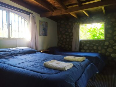 Habitación rústica Nono: confort azul, piedra, vigas y vista verde natural.