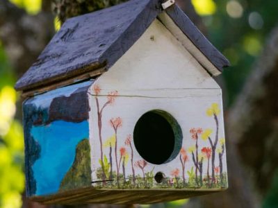 Pajarera artesanal Nono: hogar pintado con flores y paisaje.