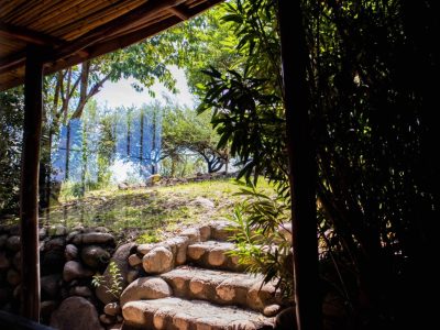 Escalera rústica de jardín en Posada de Nono, paz natural.